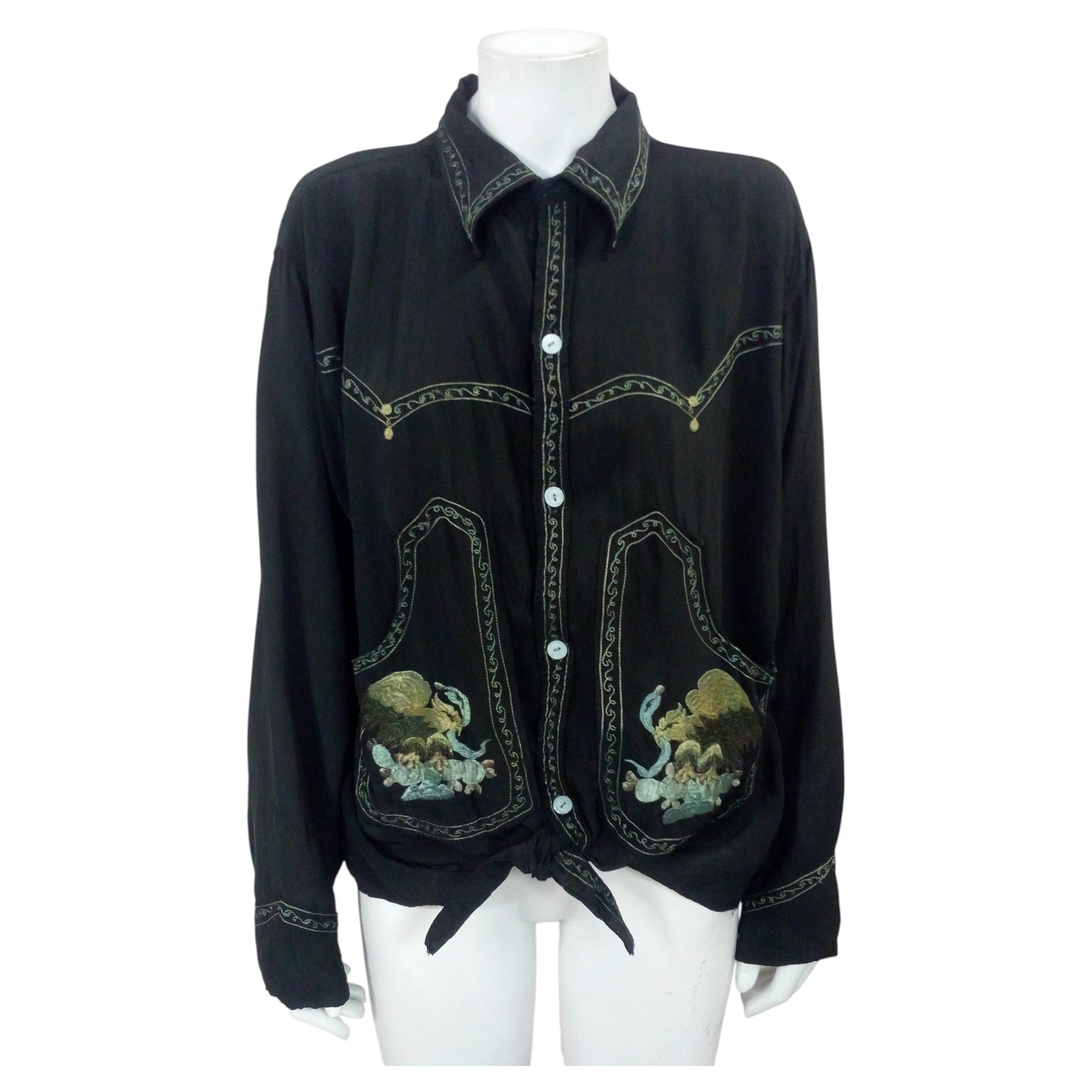 Retro Embroidered Tie Front Rayon Shirt