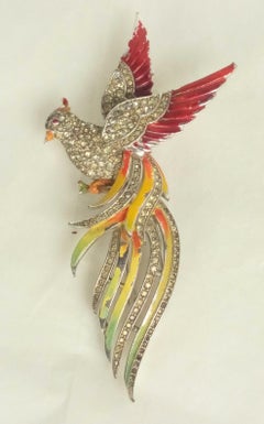 Unusual Trifari Enamel Fire Bird Clip Brooch, Alfred Phillipe.