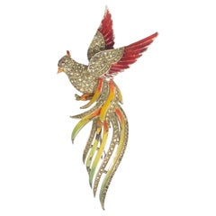 Unusual Trifari Enamel Fire Bird Clip Brooch, Alfred Phillipe.