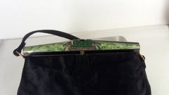Art Deco Enamel and Malachite Baguette Satin Evening Purse