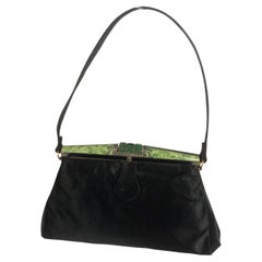 Art Deco Enamel and Malachite Baguette Satin Evening Purse