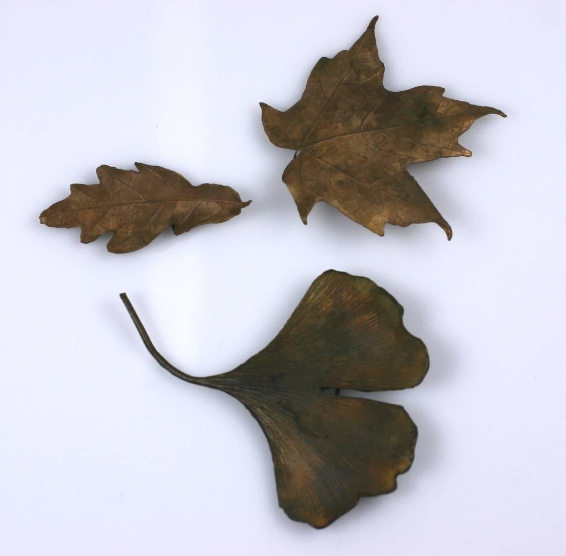 Bronze Lost Wax Leaf Brooches in different forms such as gingko and  maple leaves. 3 brooches are hand cast from actual leaves and delicately patinaed to resemble the real thing in the style of John Iverson. 1960's USA.
Gingko 3