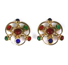 Maison Gripoix for Chanel Large  Medieval Trefoil  Poured Glass   Earclips