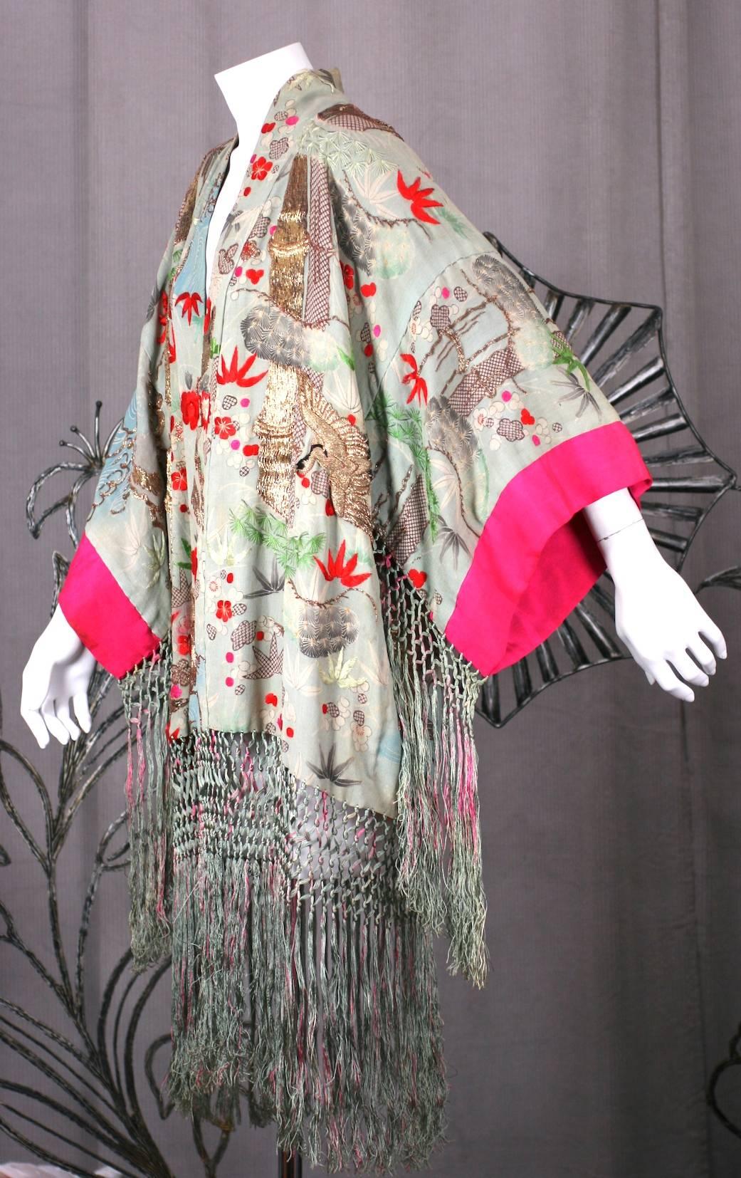 Gray Elaborately Embroidered and Fringed Kimono
