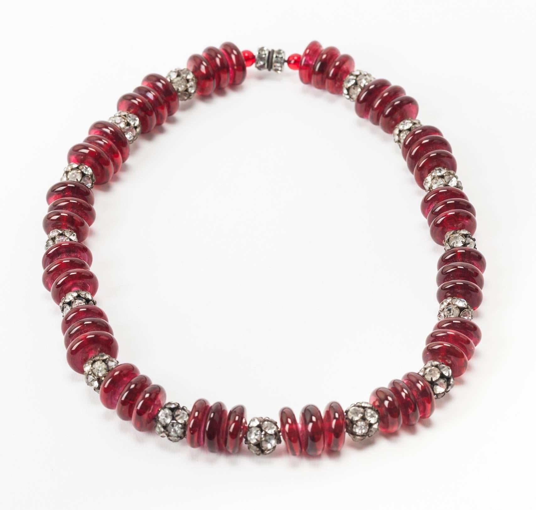Art Deco Ruby pate de verre rondel bead necklace with pave ball spacers from Maison Gripoix. Hand made ruby glass rondels. 1920's France. Excellent condition. 