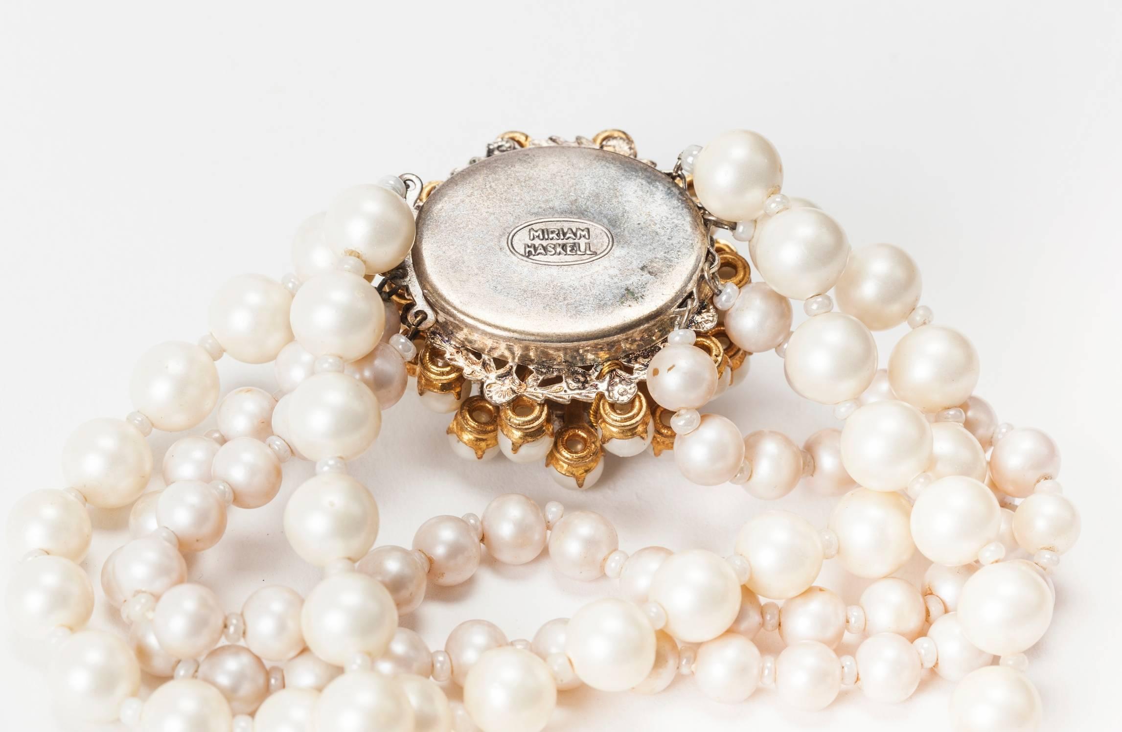 Miriam Haskell Four Strand Freshwater Pearl Bracelet In Excellent Condition For Sale In New York, NY