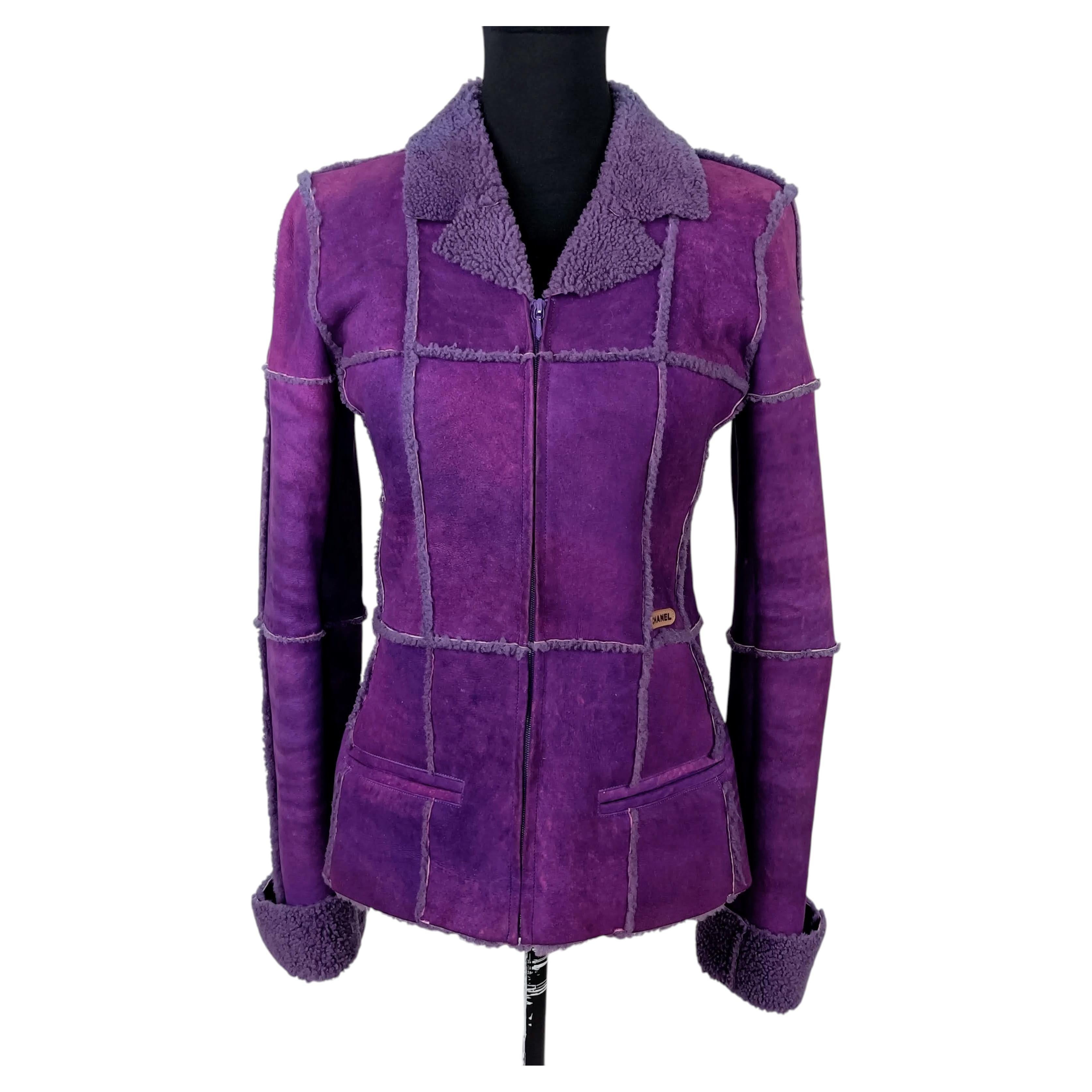 Chanel giacca in pelle scamosciata e lana viola vintage 2000
