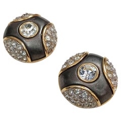 Nina Ricci gray clip-on earrings with rhinestones, vintage 1980s