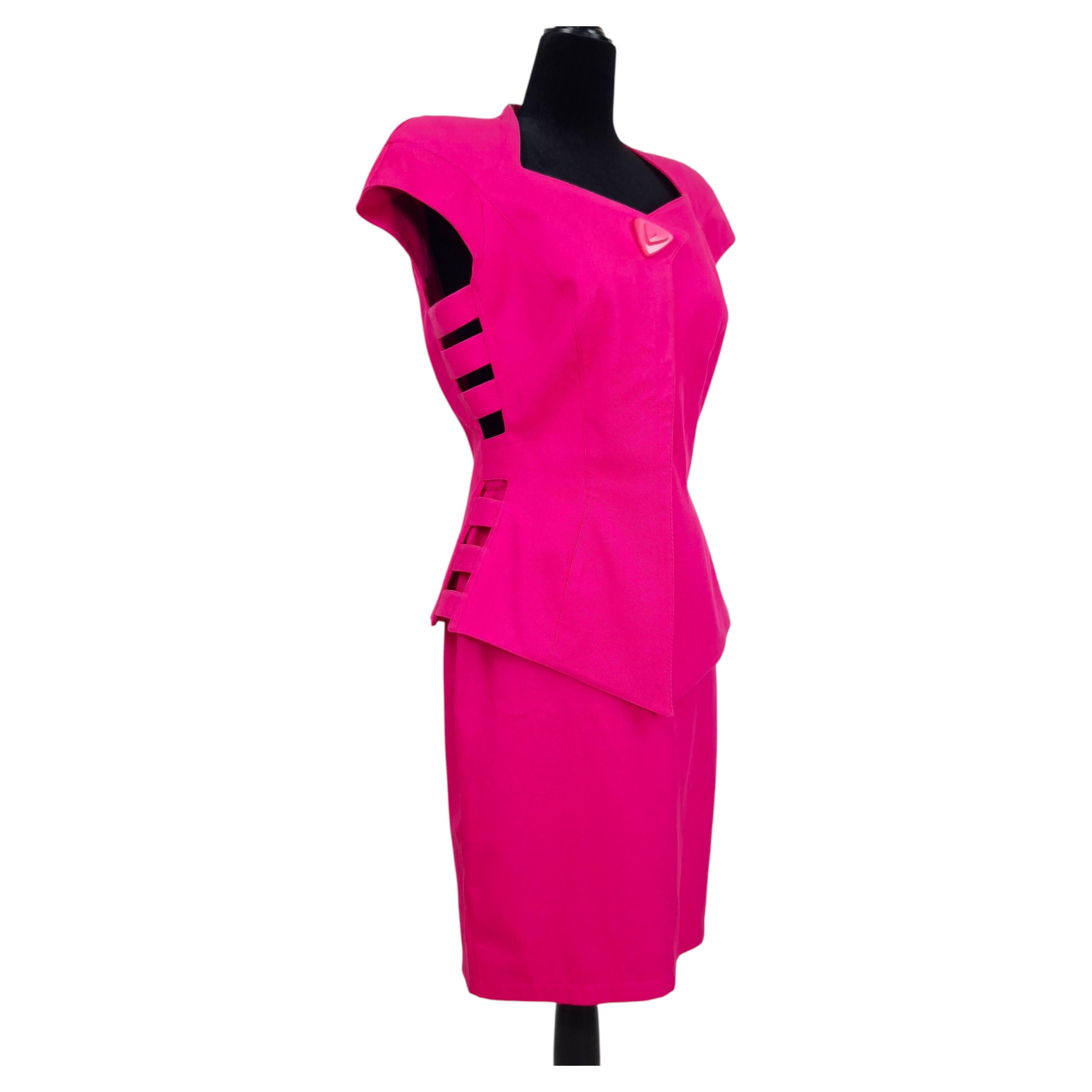 1980s Thierry Mugler Activ fuchsia cotton skirt set