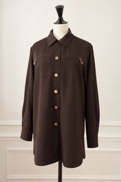 Camisa vintage de Hermès de lana marrón con detalles de cremallera de cuero, talla 36