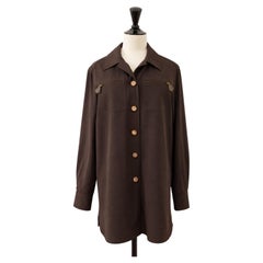 Chemise vintage Hermès en laine marron avec détails en cuir et fermeture éclair, taille 36