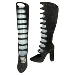 Saint Laurent Pre Fall 2018 Black Suede Heeled Knee High Gladiator Boot Sz 40