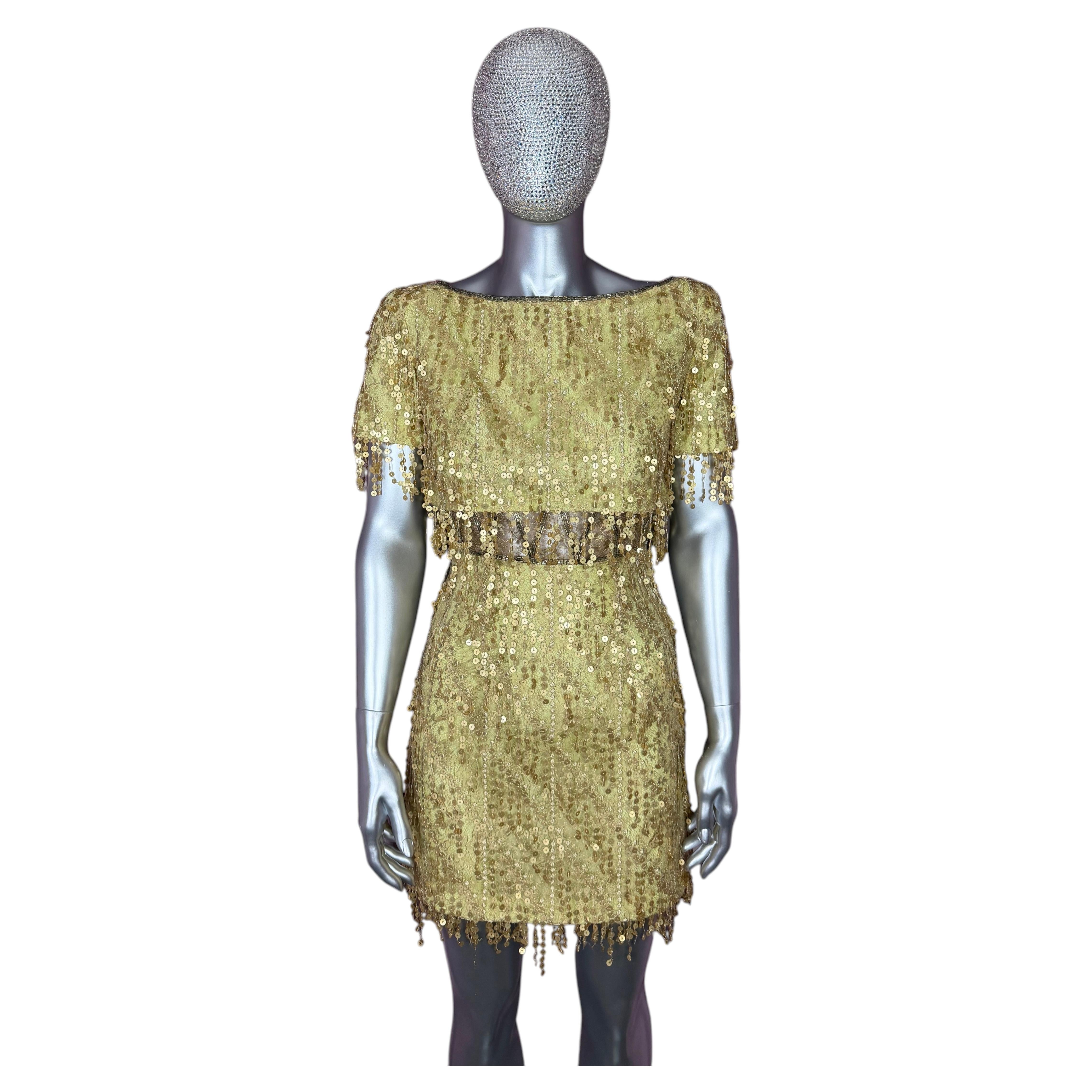 Bob Mackie c 1991 Gold Sequin Fringe & Lace Embellished Mini Dress