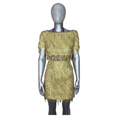 Bob Mackie c 1991 Gold Sequin Fringe & Lace Embellished Mini Dress