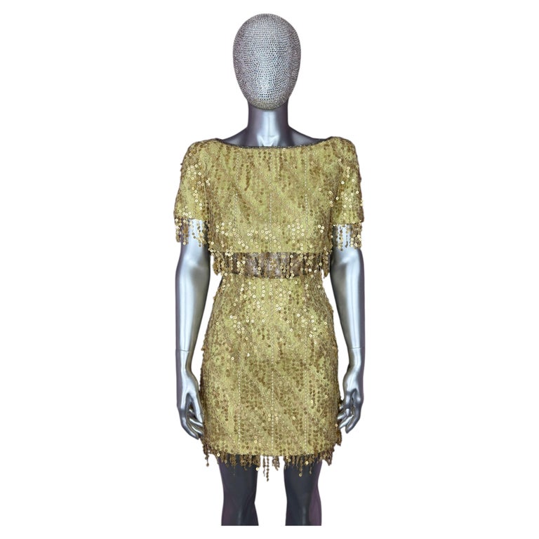antique gold sequin dress Bob Mackie c 1991 Fringe and Lace Embellished Mini For Sale at 1stDibs Herve leger