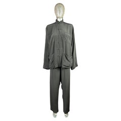 Shanghai Tang 1997 Silk Mandarin Collar Grey Jacket and Trouser Set