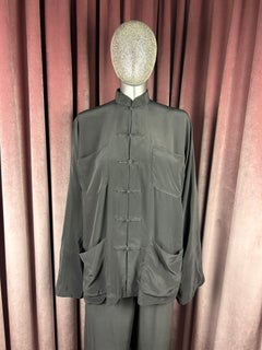 Shanghai Tang 1997 Silk Mandarin Collar Grey Jacket and Trouser Set