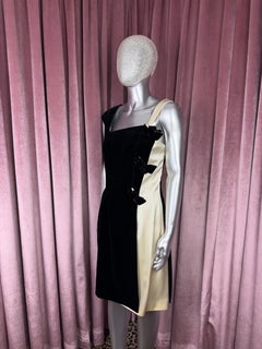 Vintage Thierry Mugler Black Velvet and Ivory Satin Color Block Cocktail Dress