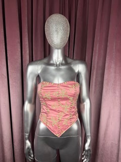 Betsey Johnson Pink Label Pink Beaded Corset Top with Floral Embroidery
