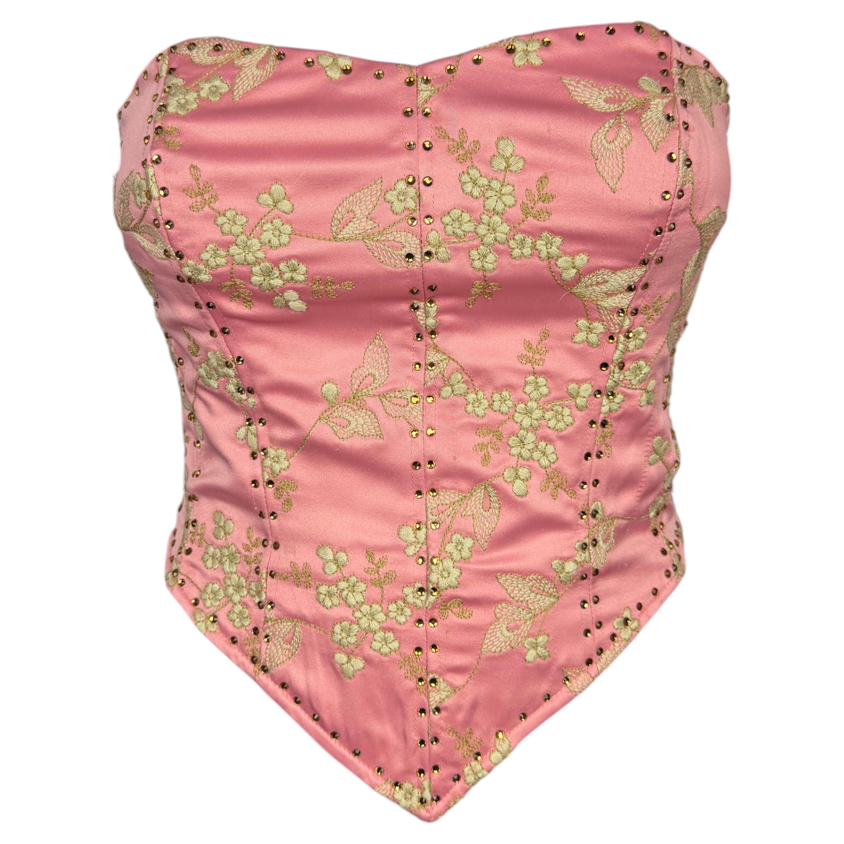 Betsey Johnson Pink Label Pink Beaded Corset Top with Floral Embroidery