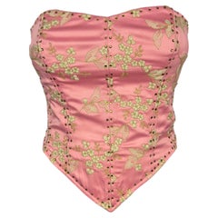 Betsey Johnson Pink Label Pink Beaded Corset Top with Floral Embroidery