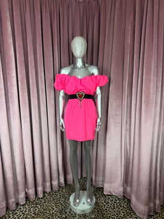 MSGM Hot Pink Taffeta Off-Shoulder Mini Dress with Beaded Heart Appliqué
