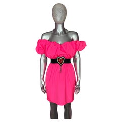 MSGM Hot Pink Taffeta Off-Shoulder Mini Dress with Beaded Heart Appliqué
