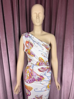 Emilio Pucci White Jersey Draped One-Shoulder Butterfly Print Maxi Dress