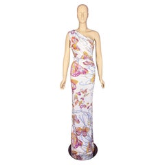 Emilio Pucci White Jersey Draped One-Shoulder Butterfly Print Maxi Dress