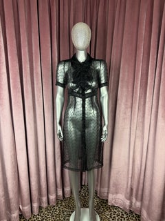 Vintage-Midi-Kleid von Betsey Johnson in Schwarz, transparent, mit Rüschen und Polka-Dot-Details