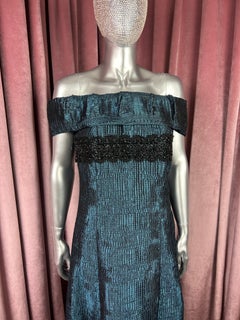 Christian Lacroix Fall 1998 Crinkled Taffeta Metallic Teal Off The Shoulder Gown