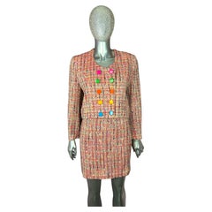 Patrick Kelly Paris 1988 Red Multicolor Tweed Skirt Suit with Rainbow Buttons