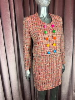Patrick Kelly Paris 1988 Red Multicolor Tweed Skirt Suit with Rainbow Buttons