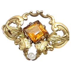 French Art Nouveau 14K Gold and Citrine Brooch with Seed Pearl, circa 1900