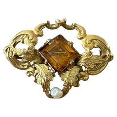 Spilla Art Nouveau francese in oro 14K e citrino con perle, circa 1900
