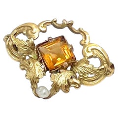 Spilla Art Nouveau francese in oro 14K e citrino con perle, circa 1900