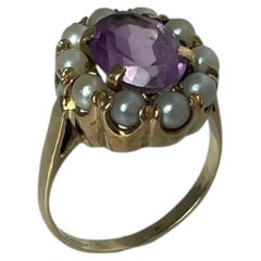 Antique Late Victorian 9K Gold Amethyst Paste & Pearl Cluster Ring, c. 1890s