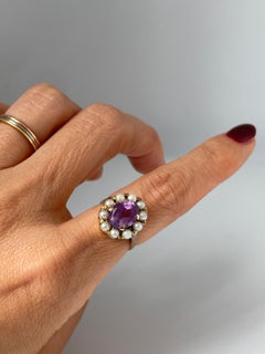 Antique Late Victorian 9K Gold Amethyst Paste & Pearl Cluster Ring, c. 1890s