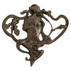 Mid-Century Art Nouveau 800 Silver Maiden Portrait Brooch, 1940s