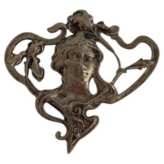 Mid-Century Art Nouveau 800 Silver Maiden Portrait Brooch, 1940s