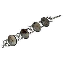 Mid-Century Vintage Natural Moss Agate Cabochon Link Bracelet