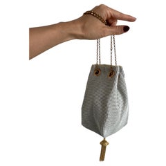Vintage Whiting & Davis White Enameled Mesh Tassel Bucket Bag, c. 1960s–1970s