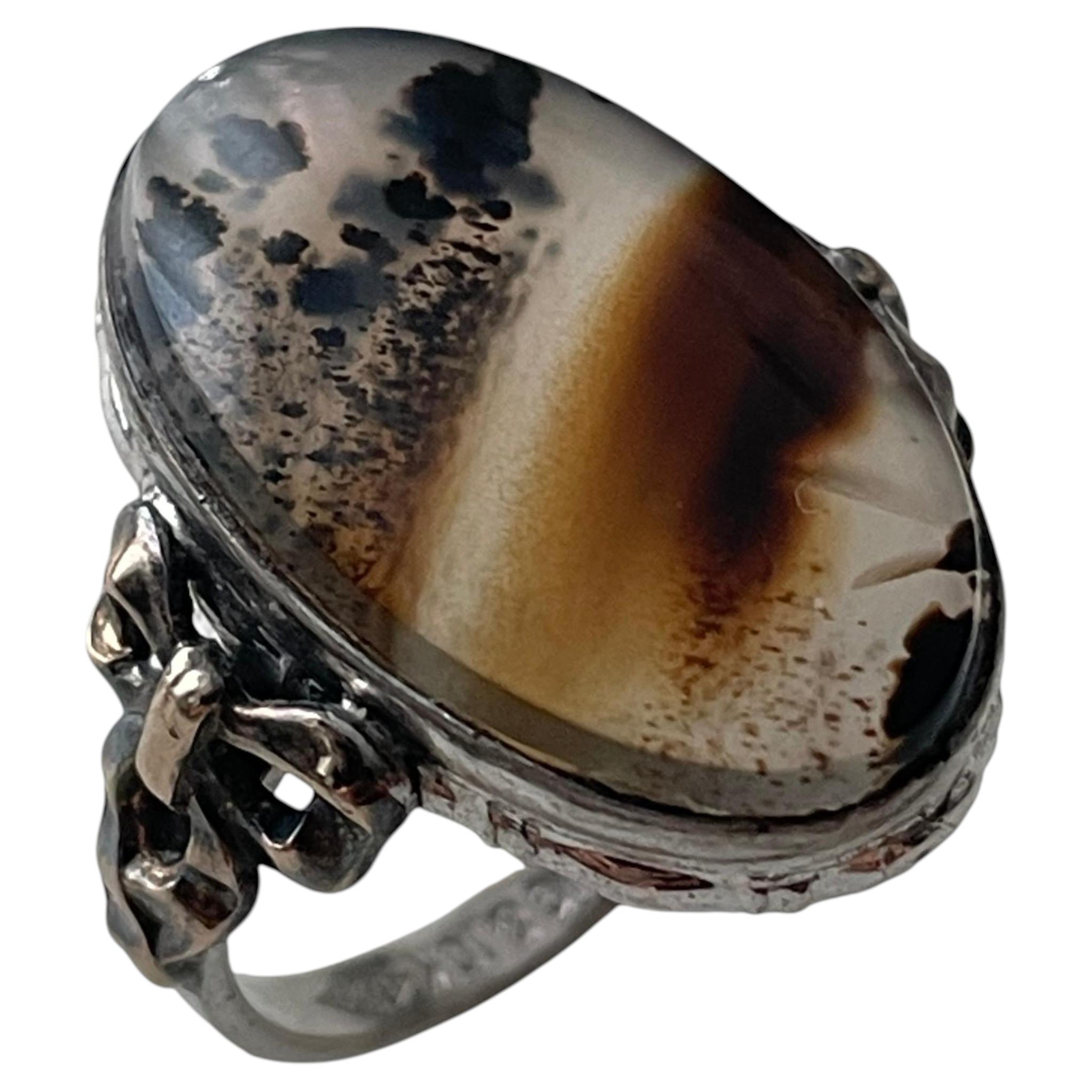 Antique Art Nouveau Sterling Silver and 10K Gold Ribbon Motif Agate Ring, c. 190