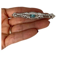 1930s Art Deco White Metal Bar Brooch with Aqua Blue Glass
