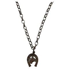 Vintage Sterling Silver Horseshoe Horse Head Pendant Necklace Circa 1980s