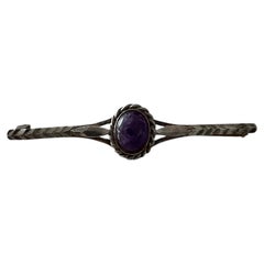 Antique British Edwardian Silver Amethyst Cabochon Bar Brooch C. 1910s