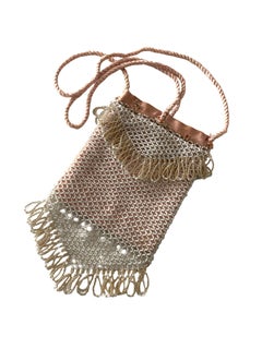 Antique Art Deco Pink Beaded Fringe Evening Purse Velvet Lined C. 1920s