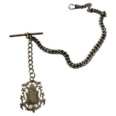 Antique Victorian Silver Plated Pocket Watch Chain Shield Fob T-Bar C. 1900s