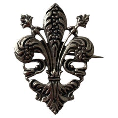 Antique Victorian Italian 800 Silver Florentine Lily Fleur de Lis Brooch C. 1890