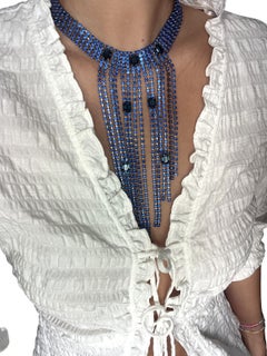 Mid-Century Cobalt Blue Rhinestone Waterfall Fringe Necklace J-Hook C.1950s